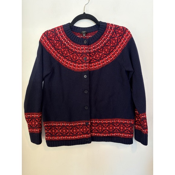 Talbots Women Navy Blue Red Fair Isle Lambswool Blend Knit Button Cardigan MedP - Picture 1 of 5